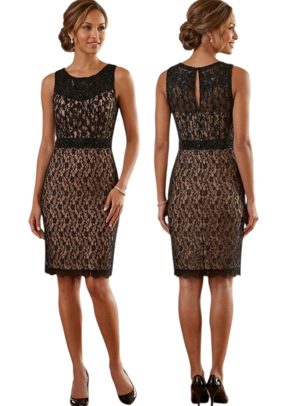 SUE WONG Beaded Lace Sheath Cocktail Dress - Size 0